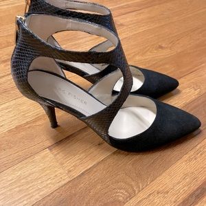 Marc Fisher 2in pumps, black snake print and suede toes